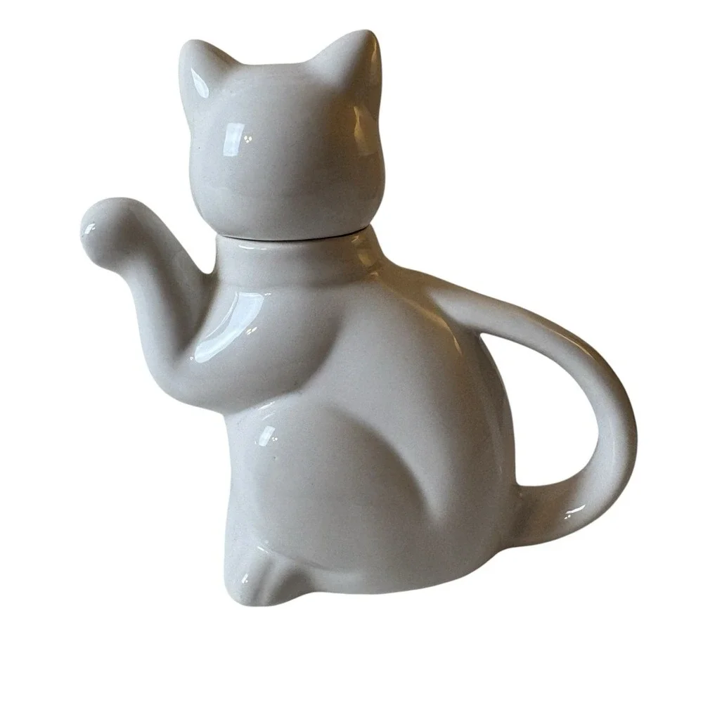 Vintage White Porcelain Cat Shaped Teapot‎ Bow Detail 